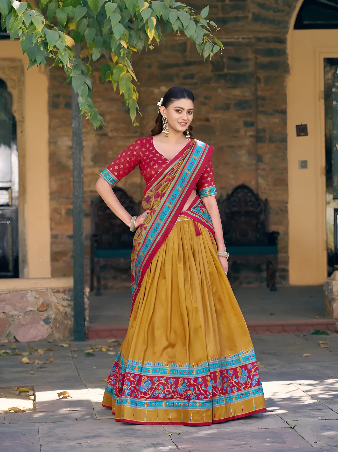 Mustard Tasar Silk Printed Lehenga Choli