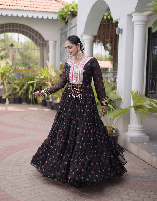 Black Georgette Kutchi Work Navratri Gown