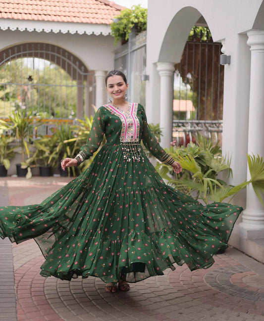 Green Georgette Kutchi Work Navratri Gown