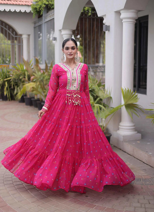 Pink Georgette Kutchi Work Navratri Gown