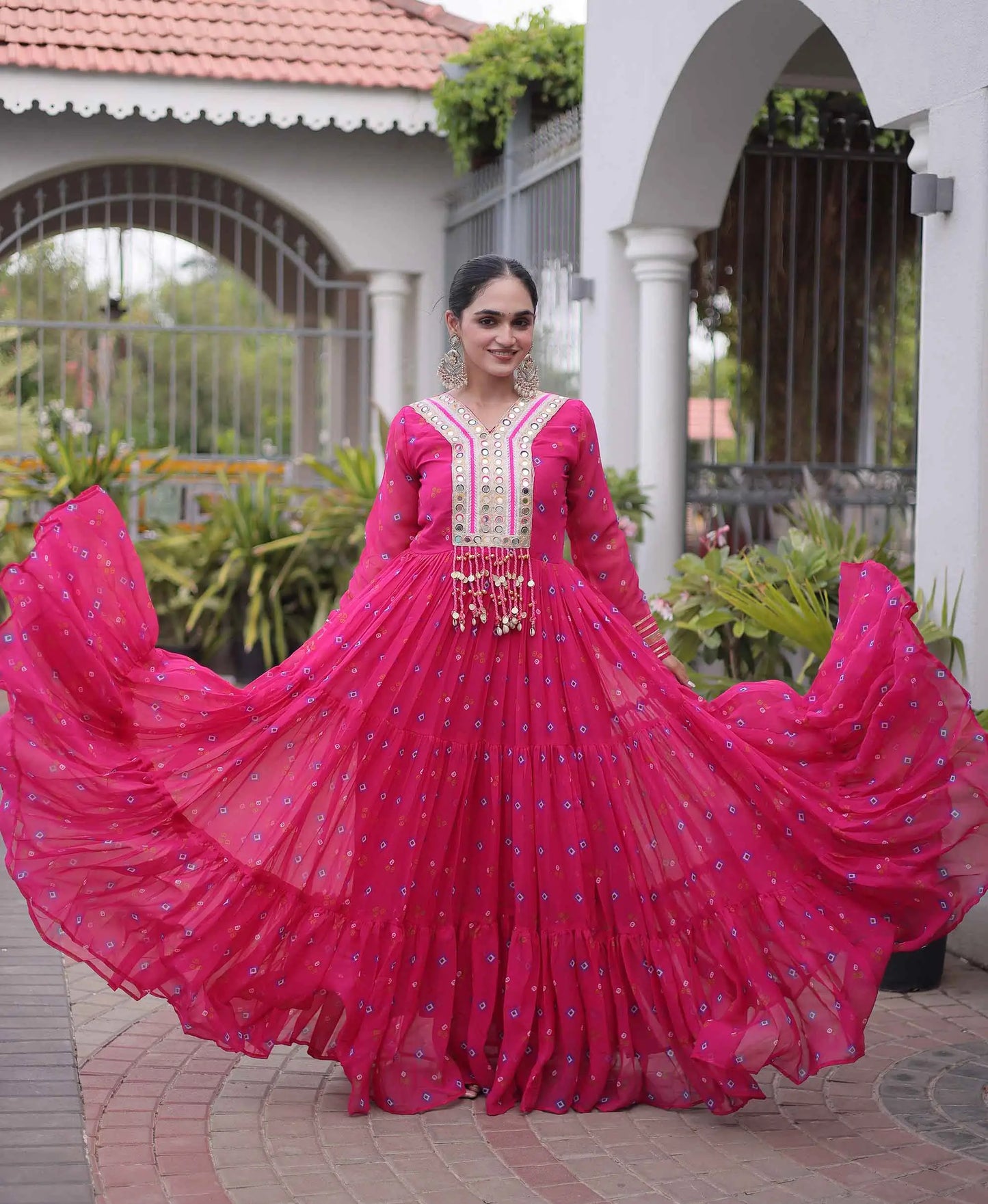 Pink Georgette Kutchi Work Navratri Gown