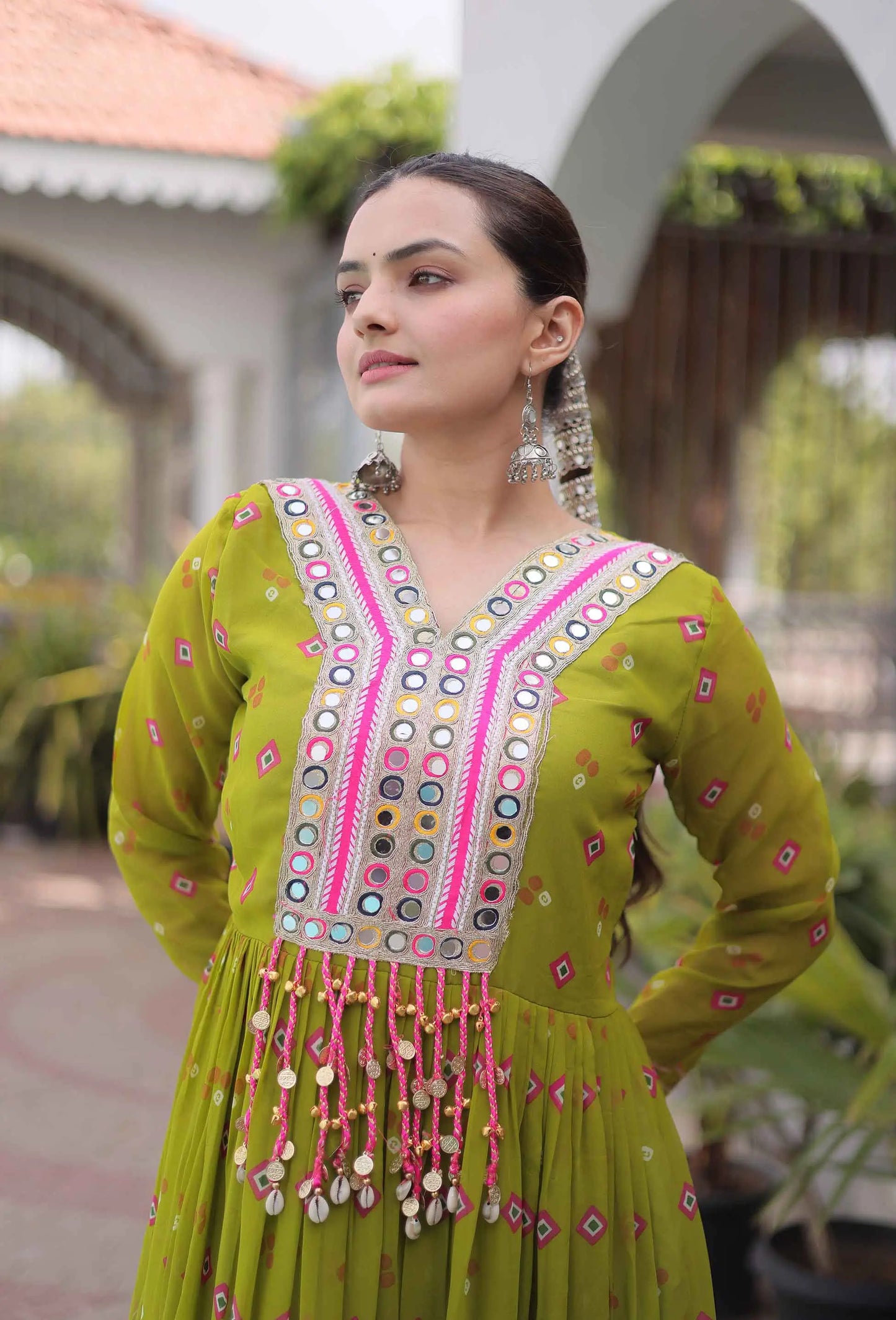 Parrot Georgette Kutchi Work Navratri Gown