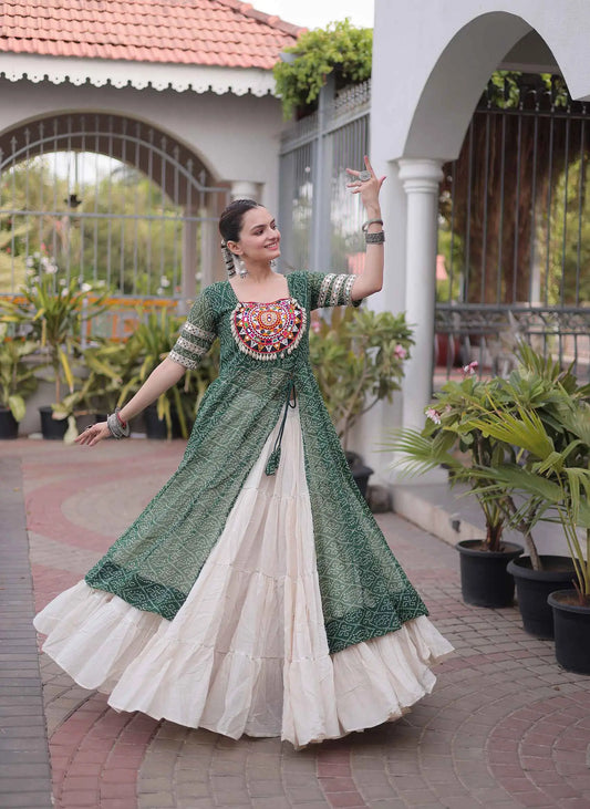 Green Bandhani Print Kurti Lehenga For Navratri