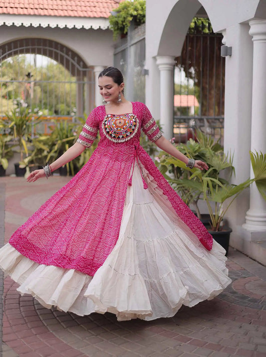 Pink Bandhani Print Kurti Lehenga For Navratri