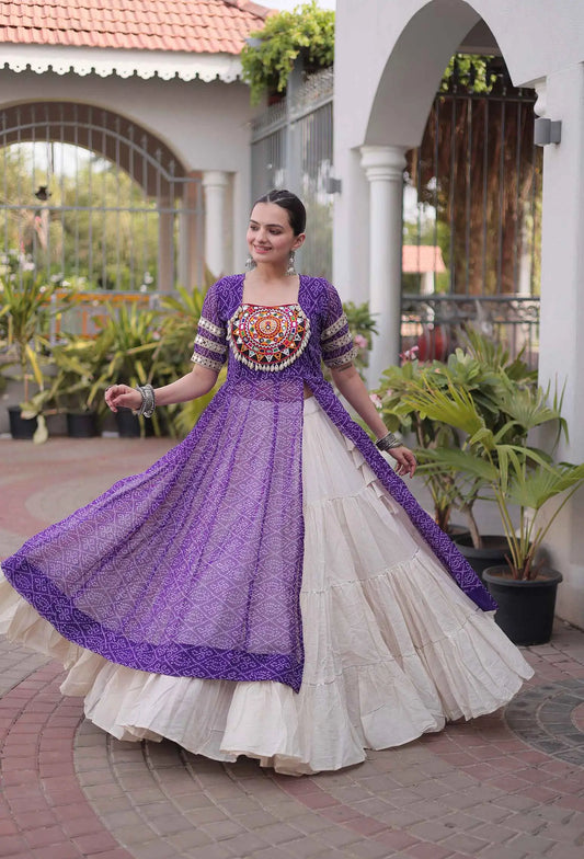 Purple Bandhani Print Kurti Lehenga For Navratri
