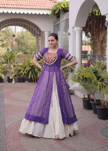 Purple Bandhani Print Kurti Lehenga For Navratri