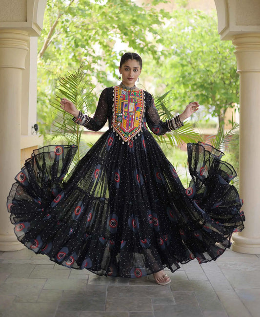 Black Bandhani Print Kutchi Work Gown