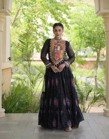 Black Bandhani Print Kutchi Work Gown
