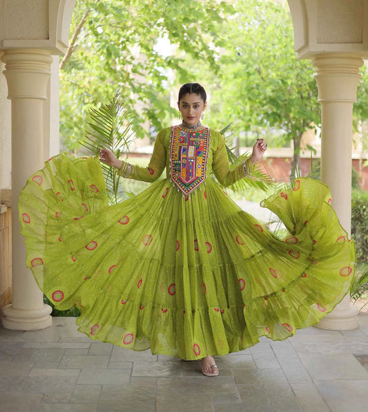 Parrot Bandhani Print Kutchi Work Gown