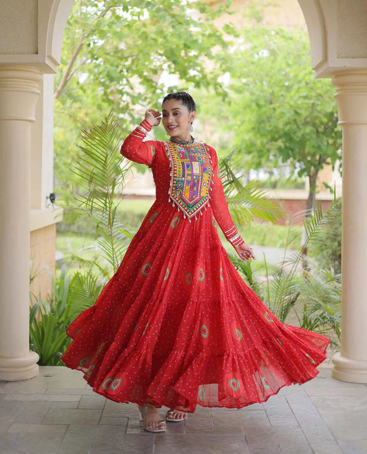 Red Bandhani Print Kutchi Work Gown