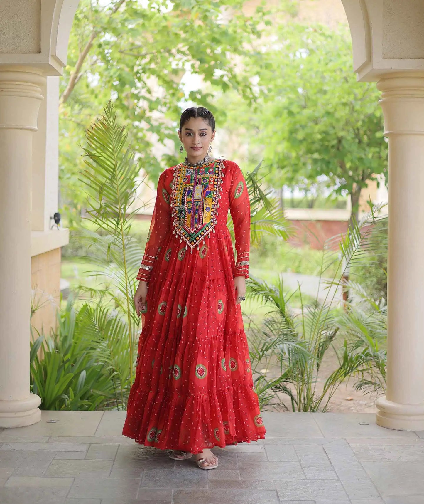 Red Bandhani Print Kutchi Work Gown