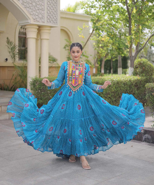 Sky Bandhani Print Kutchi Work Gown