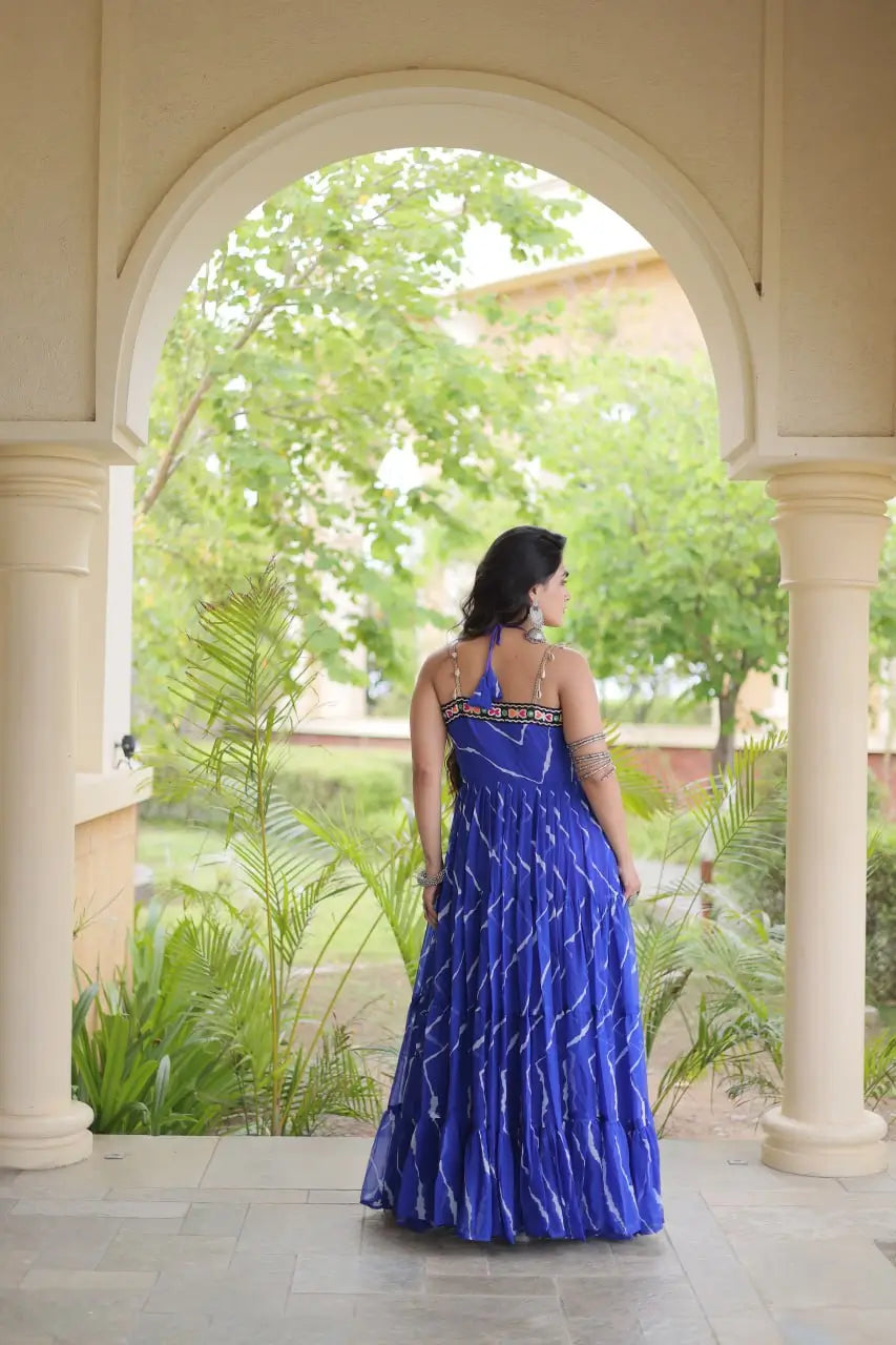 Blue Laheriya Print with kutchi patchework Gown For Navratri