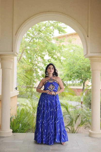 Blue Laheriya Print with kutchi patchework Gown For Navratri