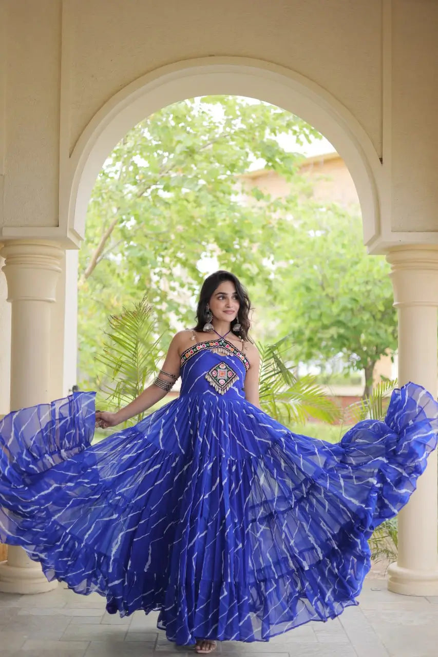 Blue Laheriya Print with kutchi patchework Gown For Navratri