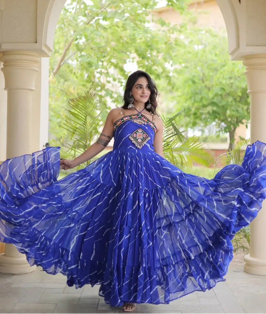 Blue Laheriya Print with kutchi patchework Gown For Navratri