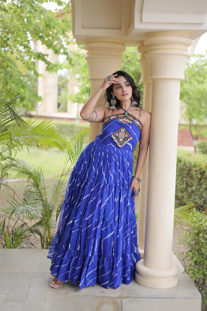 Blue Laheriya Print with kutchi patchework Gown For Navratri