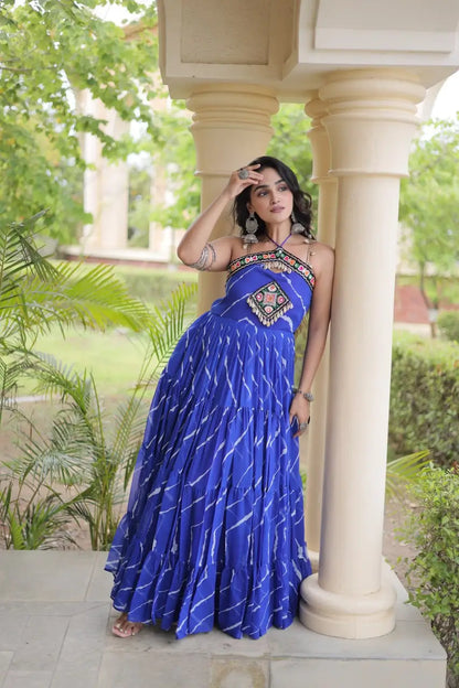 Blue Laheriya Print with kutchi patchework Gown For Navratri
