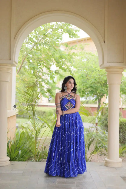 Blue Laheriya Print with kutchi patchework Gown For Navratri