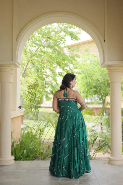 Green Laheriya Print with kutchi patchework Gown For Navratri