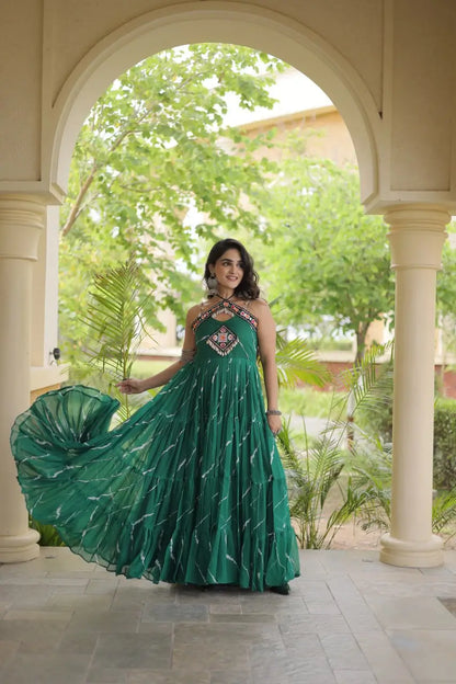 Green Laheriya Print with kutchi patchework Gown For Navratri
