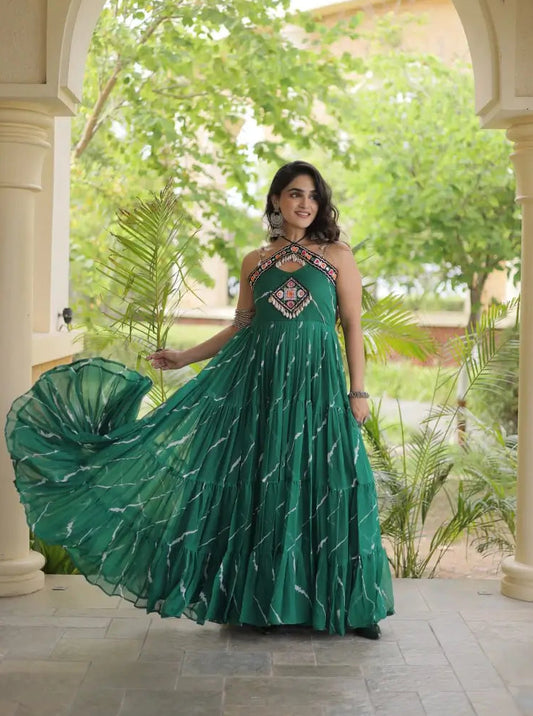 Green Laheriya Print with kutchi patchework Gown For Navratri