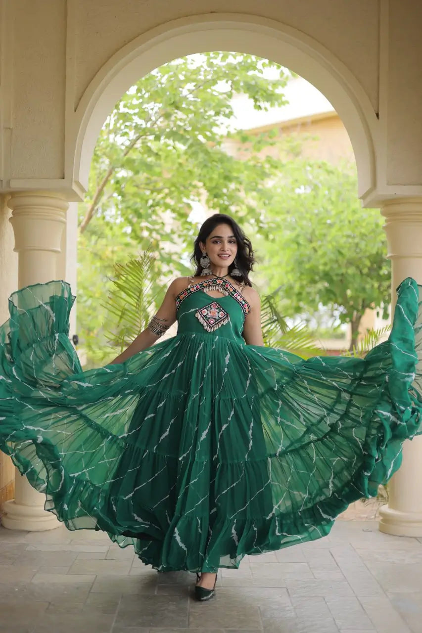 Green Laheriya Print with kutchi patchework Gown For Navratri