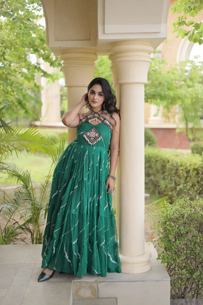 Green Laheriya Print with kutchi patchework Gown For Navratri