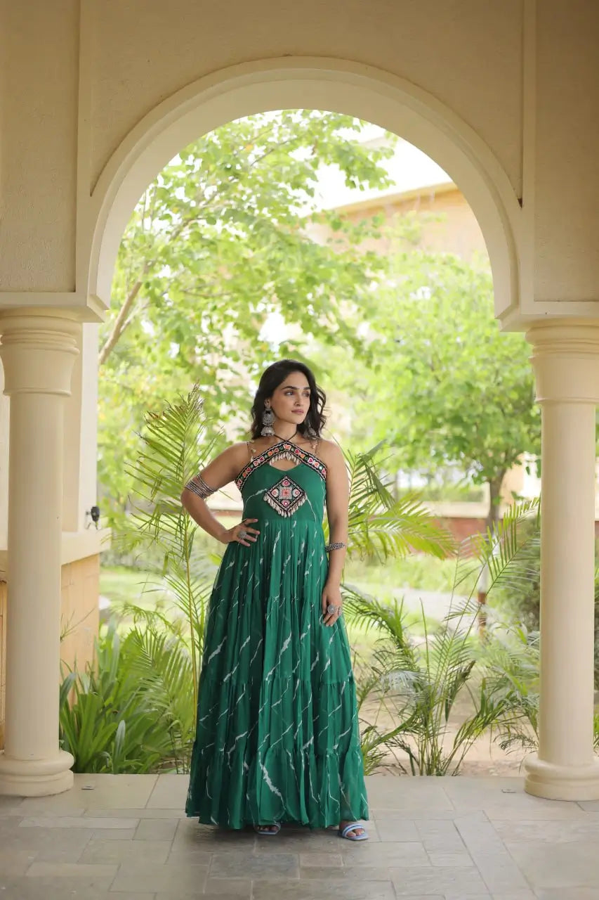 Green Laheriya Print with kutchi patchework Gown For Navratri