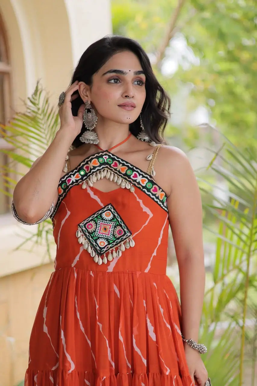 Orange Laheriya Print with kutchi patchework Gown For Navratri