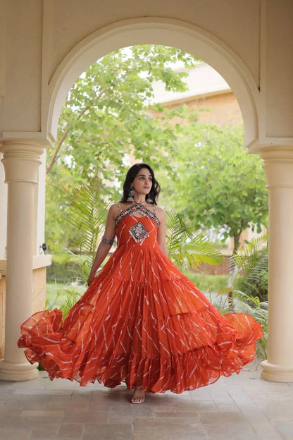 Orange Laheriya Print with kutchi patchework Gown For Navratri