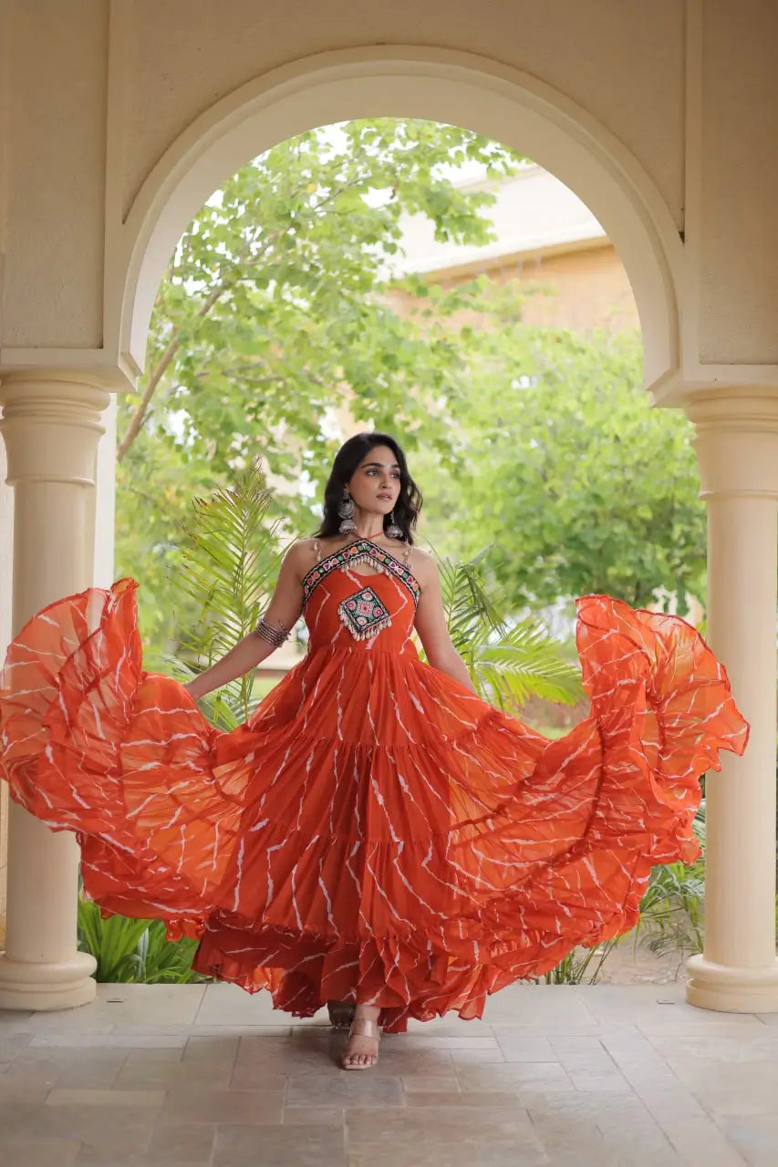 Orange Laheriya Print with kutchi patchework Gown For Navratri