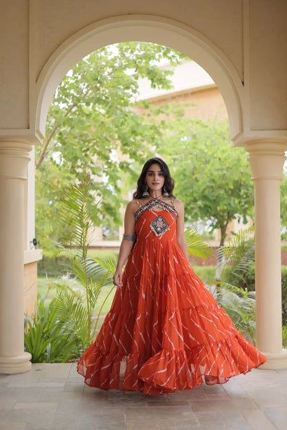 Orange Laheriya Print with kutchi patchework Gown For Navratri