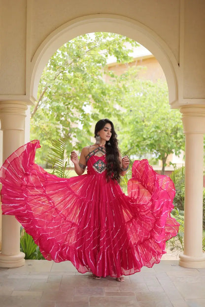 Pink Laheriya Print with kutchi patchework Gown For Navratri
