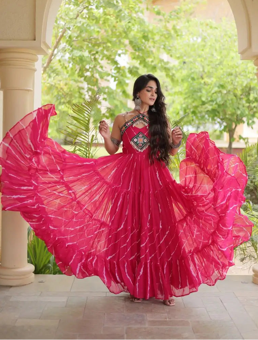 Pink Laheriya Print with kutchi patchework Gown For Navratri
