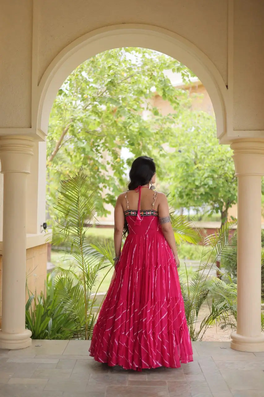 Pink Laheriya Print with kutchi patchework Gown For Navratri