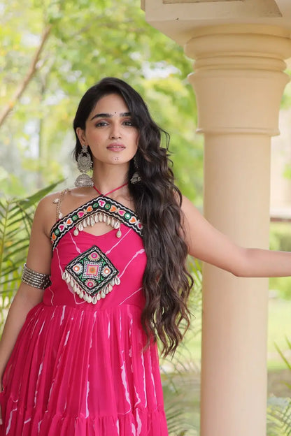Pink Laheriya Print with kutchi patchework Gown For Navratri