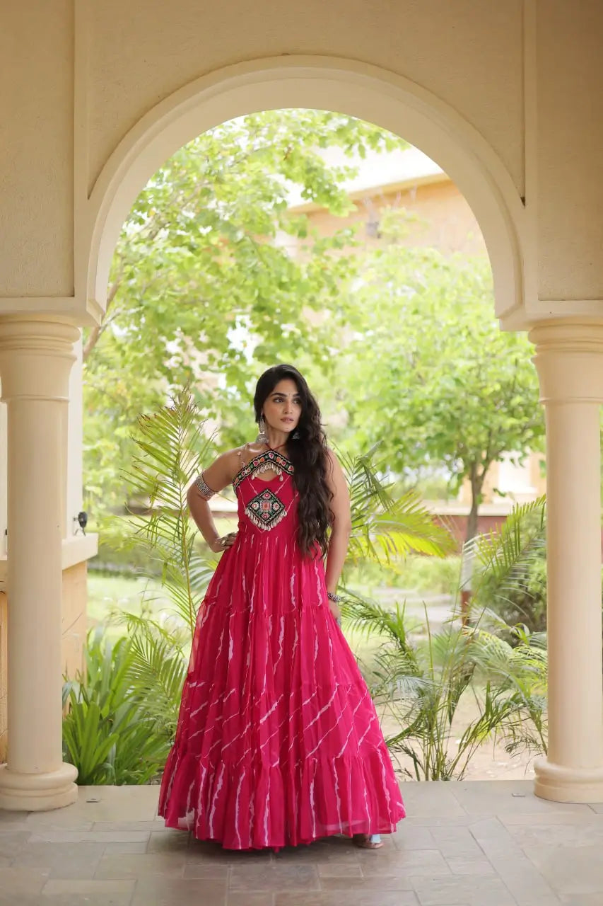 Pink Laheriya Print with kutchi patchework Gown For Navratri