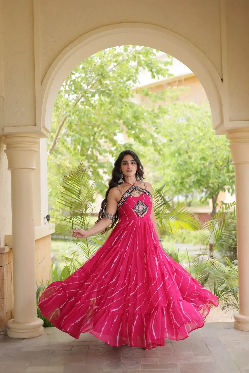 Pink Laheriya Print with kutchi patchework Gown For Navratri