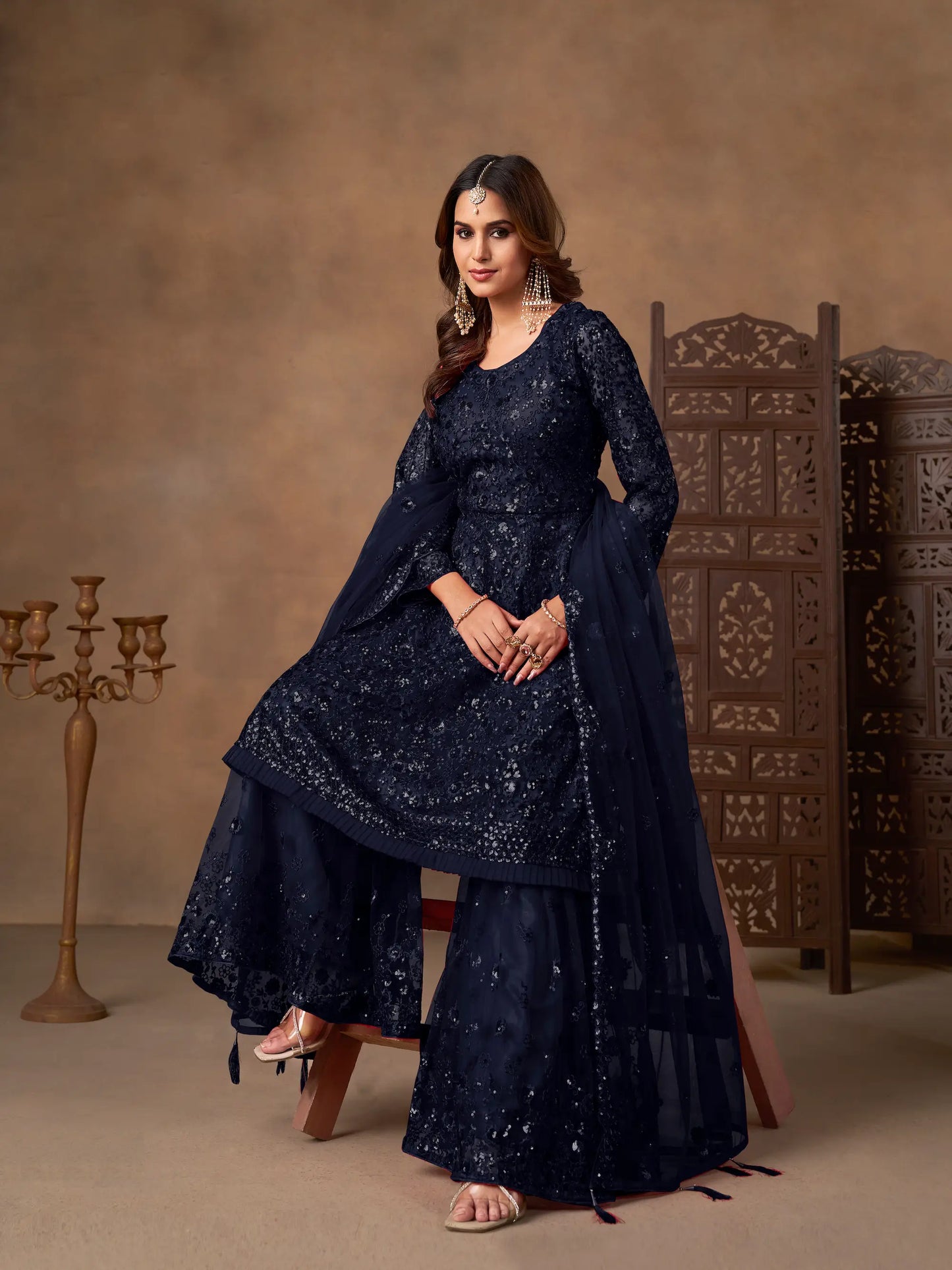 Navy Blue Net Embroidery Work Sharara Set