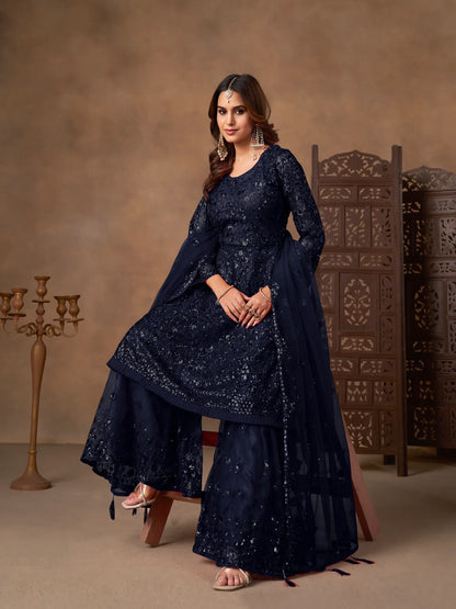 Navy Blue Net Embroidery Work Sharara Set