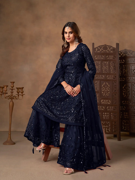 Navy Blue Net Embroidery Work Sharara Set