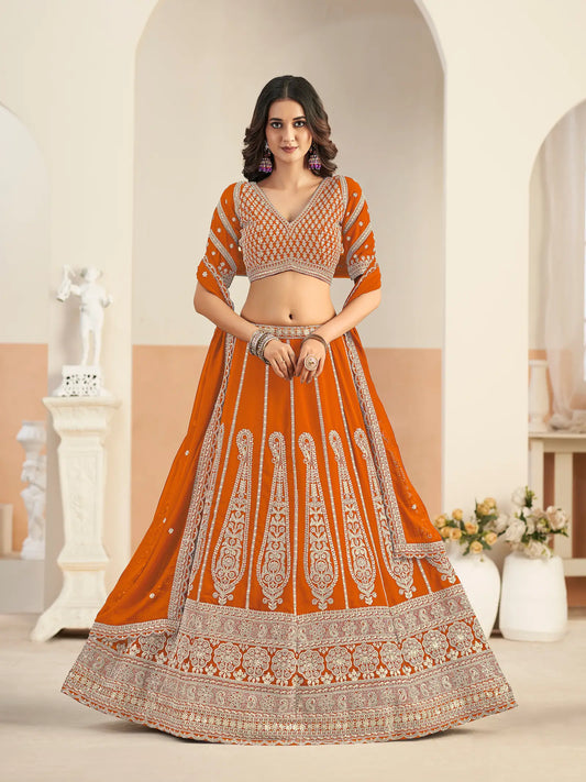 Bright Orange Georgette Embroidery Lehenga Choli