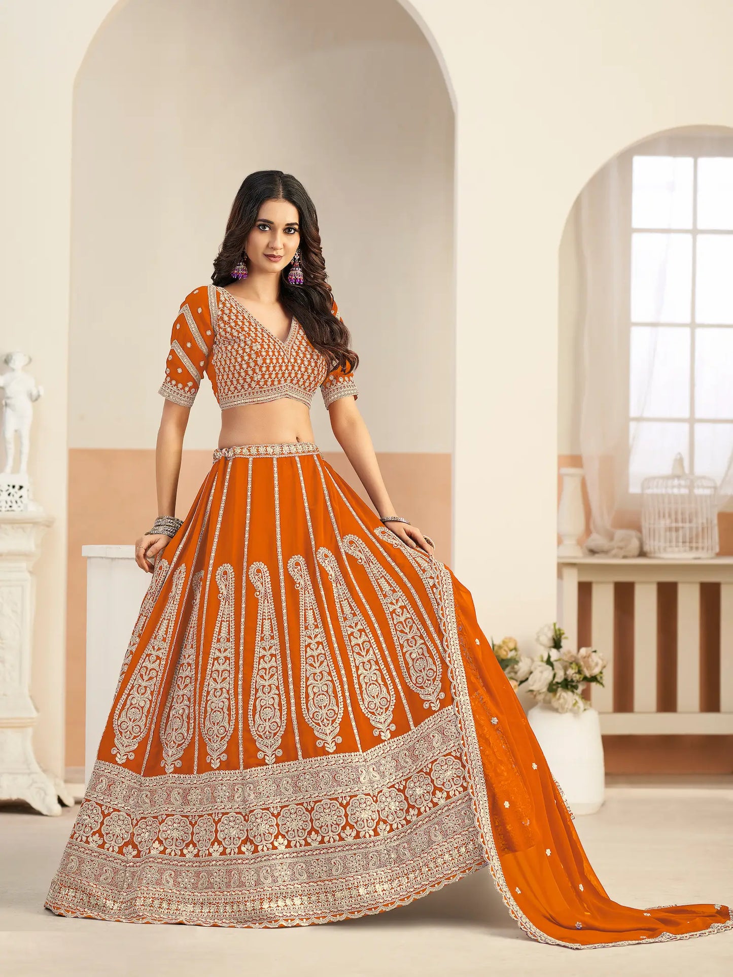 Bright Orange Georgette Embroidery Lehenga Choli