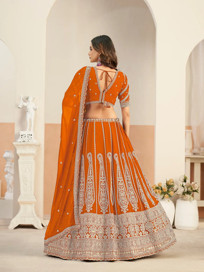 Bright Orange Georgette Embroidery Lehenga Choli