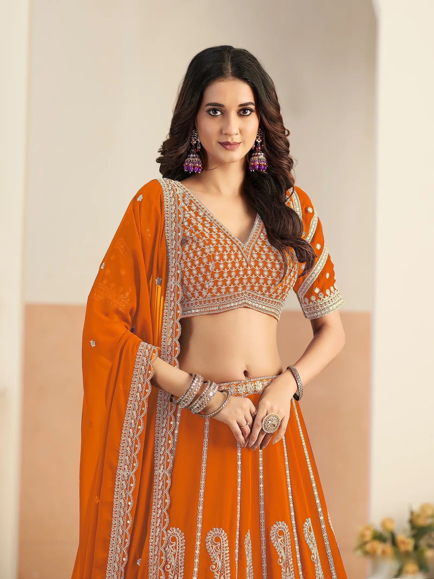 Bright Orange Georgette Embroidery Lehenga Choli