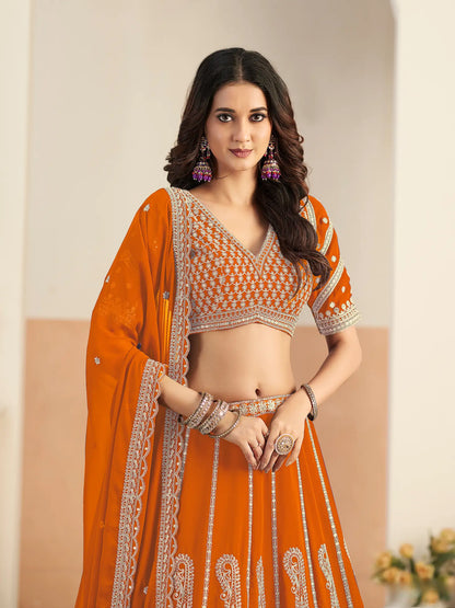 Bright Orange Georgette Embroidery Lehenga Choli