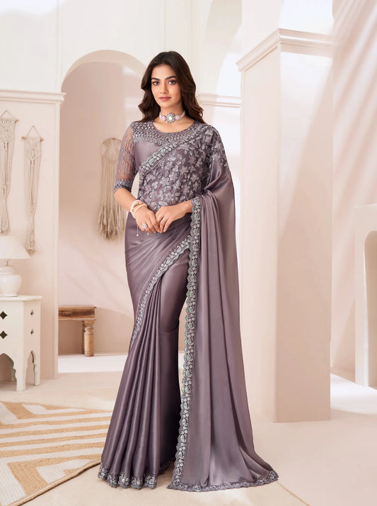 Dusty Lavender Satin Silk Party Wear Saree With Sequence & Thread Embroidery Work