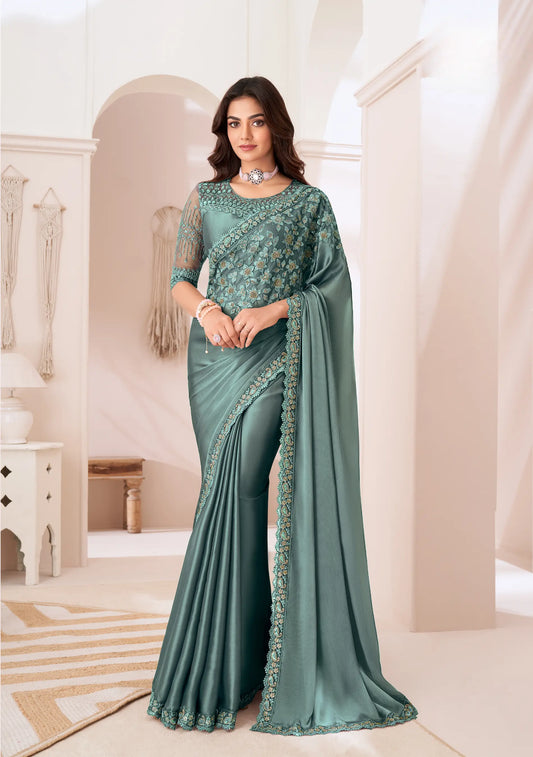 Dusty Green Satin Silk Party Wear Saree With Sequence & Thread Embroidery Work