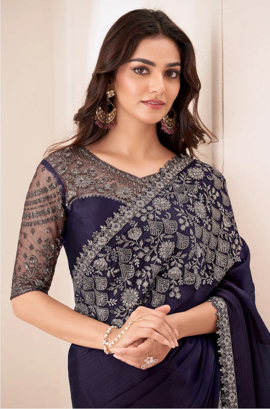 Navy Blue Satin Chiffon Party Wear Saree With Sequence & Thread Embroidery Work